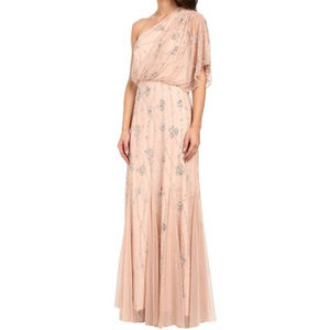 Women's Pink One Shoulder Beaded Blouson Gown